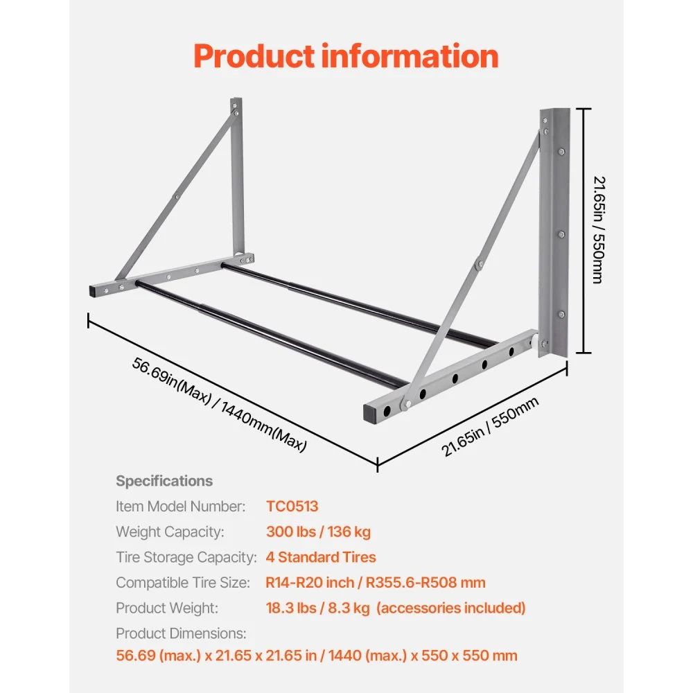 VEVOR Wall Mounted Folding Tire Rack, 32" - 48" Adjustable Tire Rack, Q235 Heavy-Duty Steel Tire Storage Rack for R14-R20 inch Standard Tires, Max 300lbs Load Capacity for Garage Workshop Repair Shop