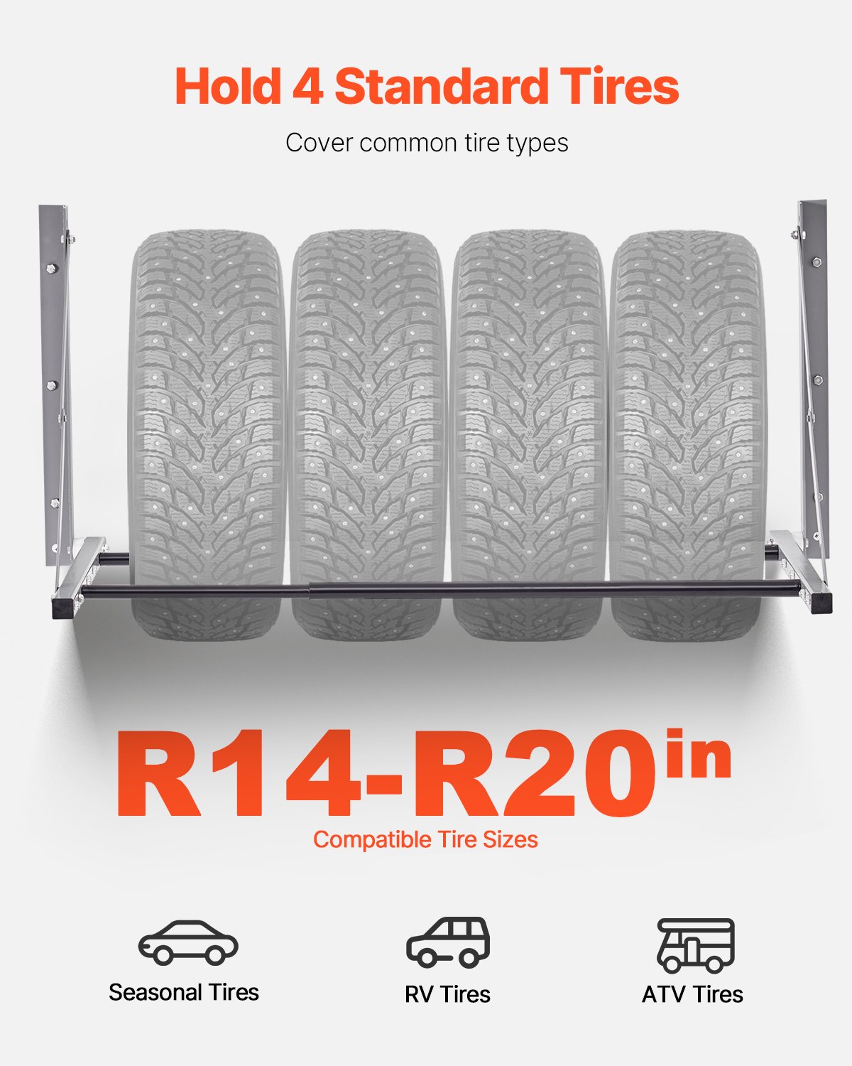 VEVOR Wall Mounted Folding Tire Rack, 32" - 48" Adjustable Tire Rack, Q235 Heavy-Duty Steel Tire Storage Rack for R14-R20 inch Standard Tires, Max 300lbs Load Capacity for Garage Workshop Repair Shop