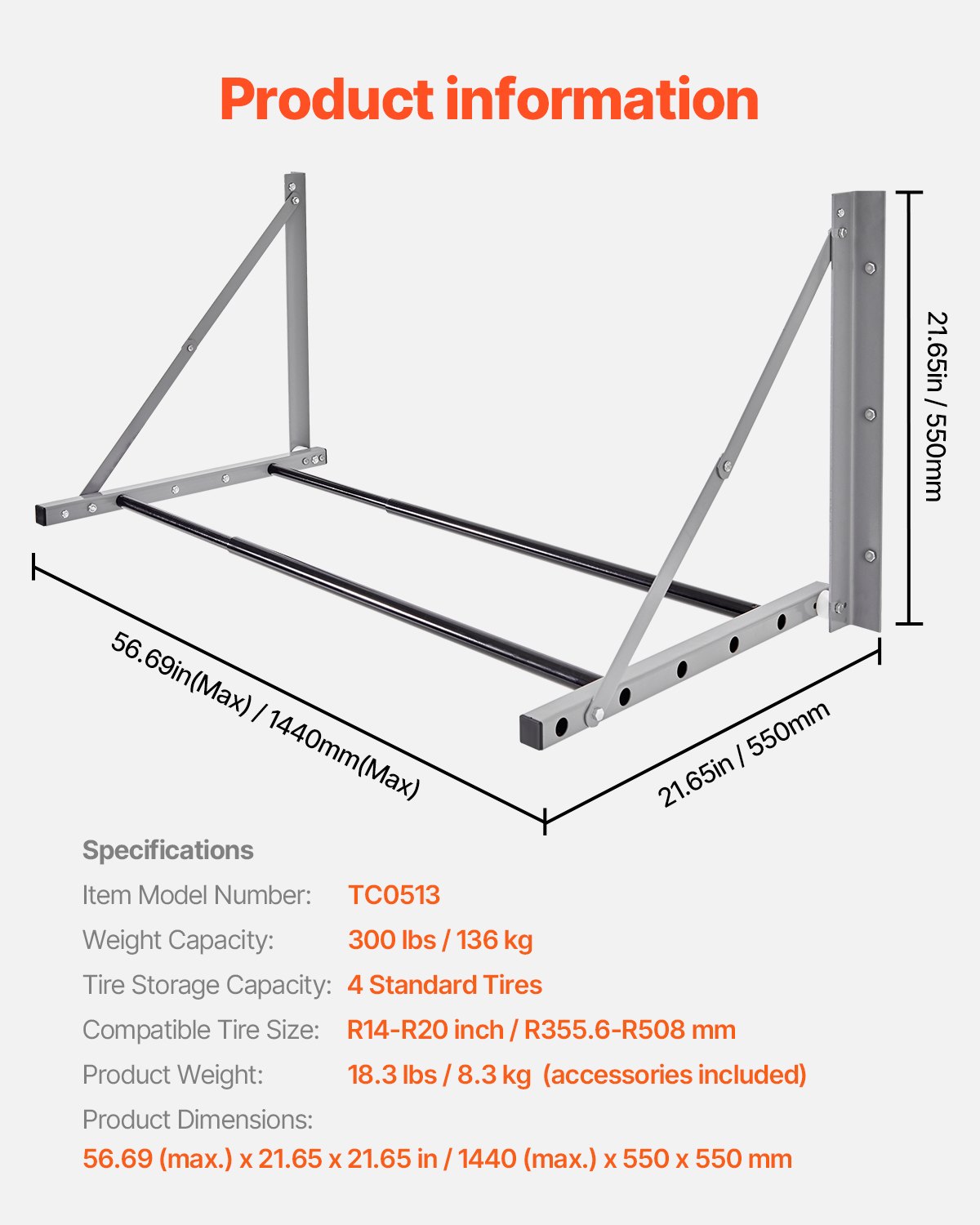 VEVOR Wall Mounted Folding Tire Rack, 32" - 48" Adjustable Tire Rack, Q235 Heavy-Duty Steel Tire Storage Rack for R14-R20 inch Standard Tires, Max 300lbs Load Capacity for Garage Workshop Repair Shop