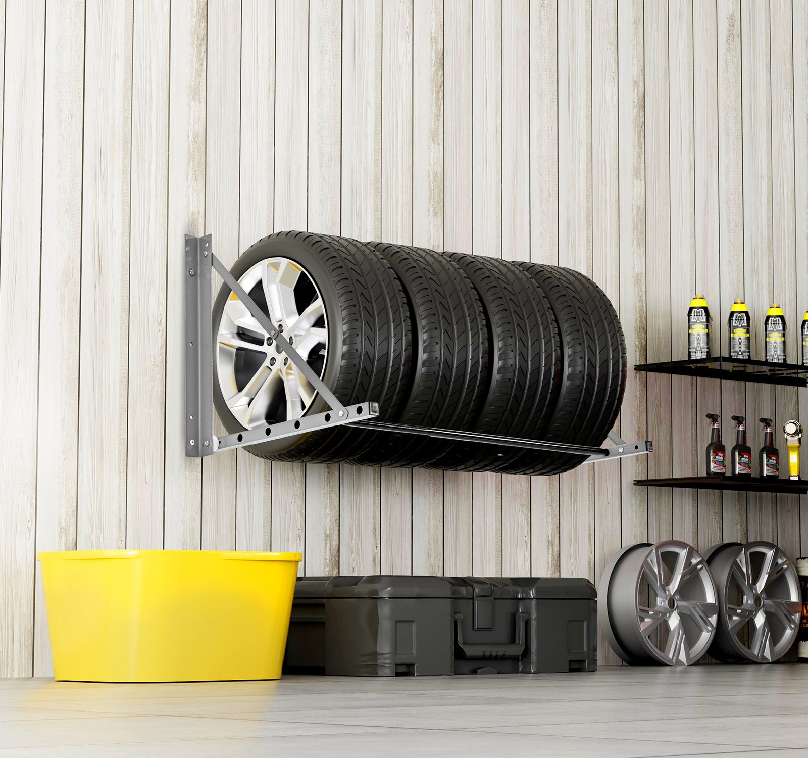 VEVOR Wall Mounted Folding Tire Rack, 32" - 48" Adjustable Tire Rack, Q235 Heavy-Duty Steel Tire Storage Rack for R14-R20 inch Standard Tires, Max 300lbs Load Capacity for Garage Workshop Repair Shop
