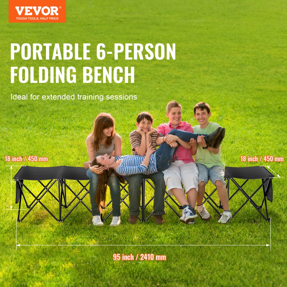 Banco plegable portátil VEVOR de 6 plazas con bolsillos laterales y bolsa de transporte, tejido Oxford 600D ligero, ideal para fútbol, béisbol, camping y eventos al aire libre. Color negro.