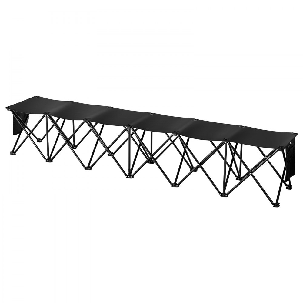 Banco plegable portátil VEVOR de 6 plazas con bolsillos laterales y bolsa de transporte, tejido Oxford 600D ligero, ideal para fútbol, béisbol, camping y eventos al aire libre. Color negro.