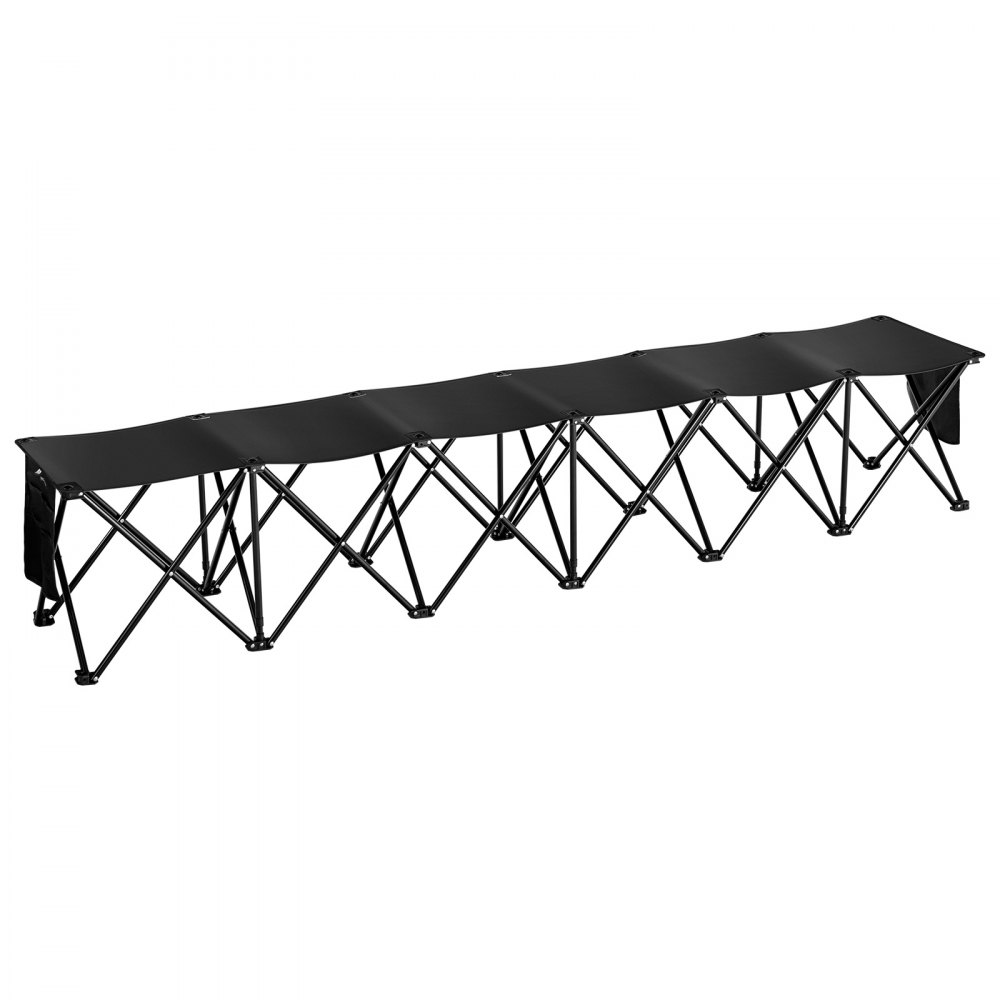 Banco plegable portátil VEVOR de 6 plazas con bolsillos laterales y bolsa de transporte, tejido Oxford 600D ligero, ideal para fútbol, béisbol, camping y eventos al aire libre. Color negro.