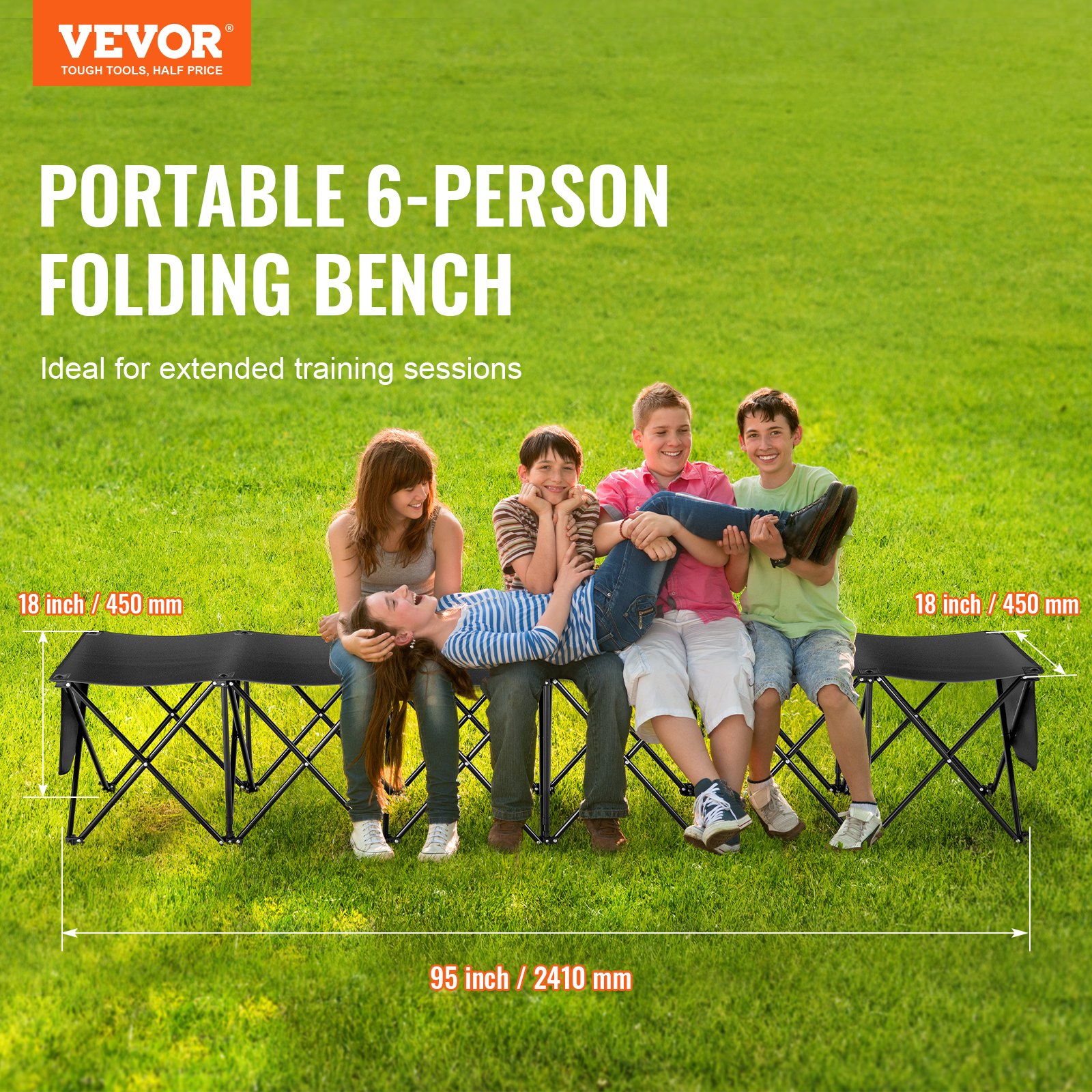 Banco plegable portátil VEVOR de 6 plazas con bolsillos laterales y bolsa de transporte, tejido Oxford 600D ligero, ideal para fútbol, béisbol, camping y eventos al aire libre. Color negro.