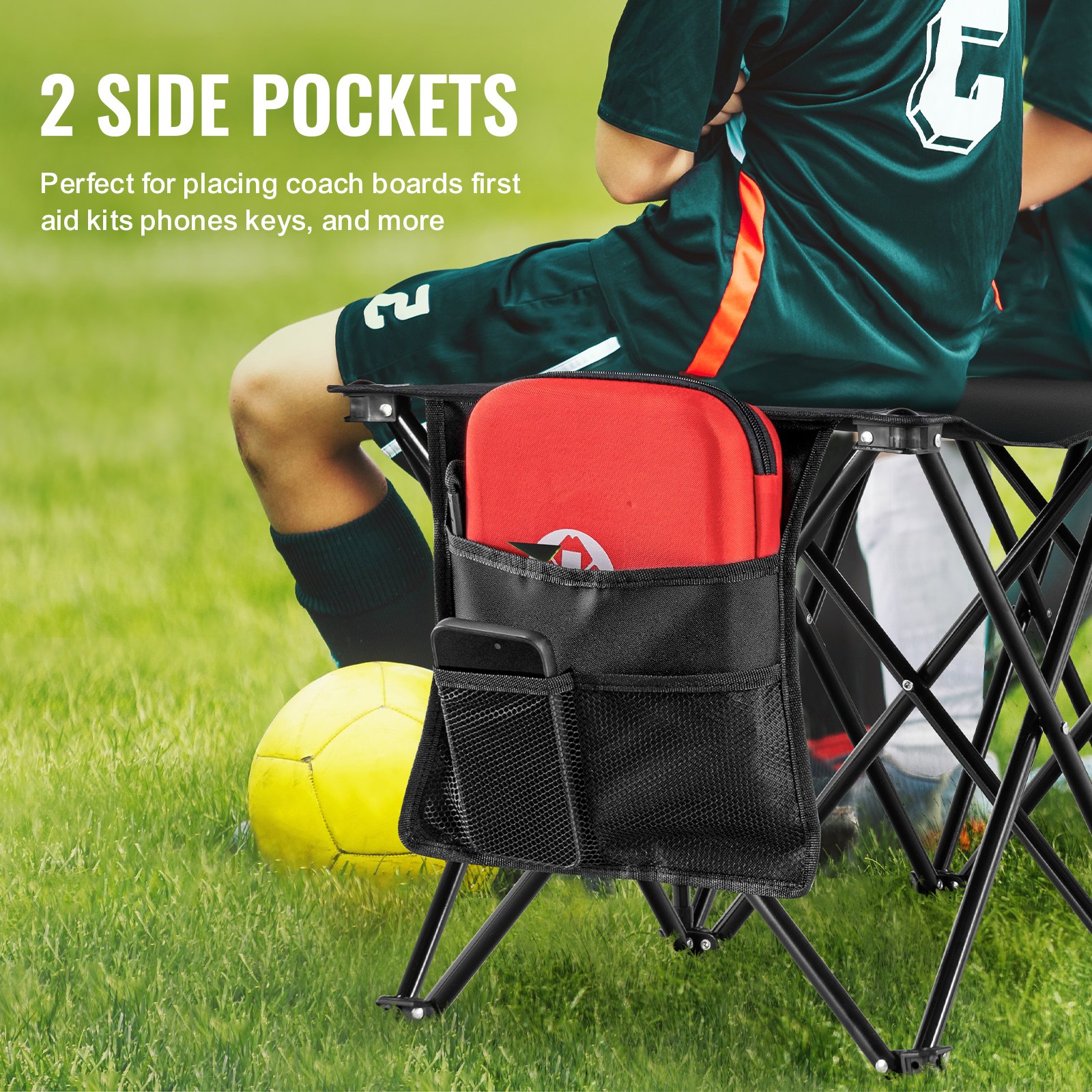 Banco plegable portátil VEVOR de 6 plazas con bolsillos laterales y bolsa de transporte, tejido Oxford 600D ligero, ideal para fútbol, béisbol, camping y eventos al aire libre. Color negro.