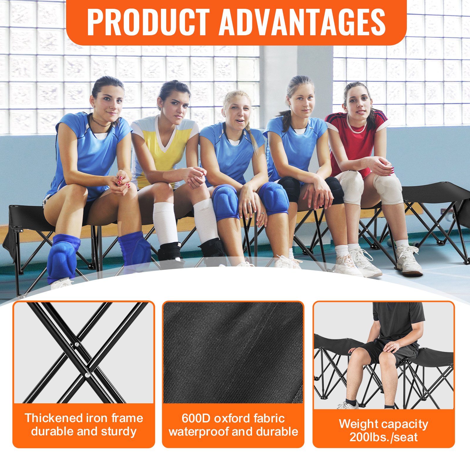 Banco plegable portátil VEVOR de 6 plazas con bolsillos laterales y bolsa de transporte, tejido Oxford 600D ligero, ideal para fútbol, béisbol, camping y eventos al aire libre. Color negro.