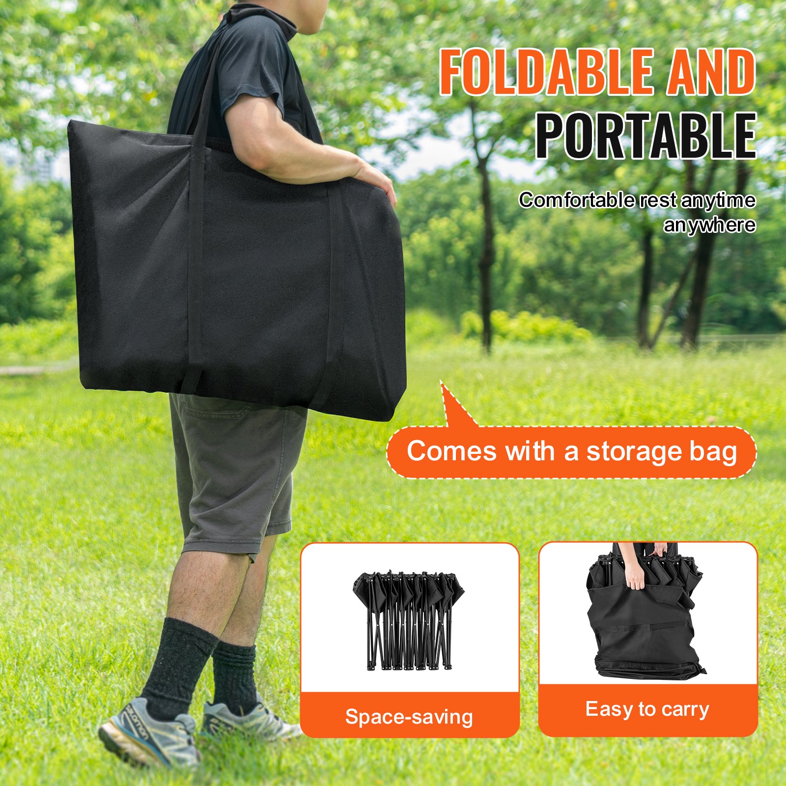 Banco plegable portátil VEVOR de 6 plazas con bolsillos laterales y bolsa de transporte, tejido Oxford 600D ligero, ideal para fútbol, béisbol, camping y eventos al aire libre. Color negro.
