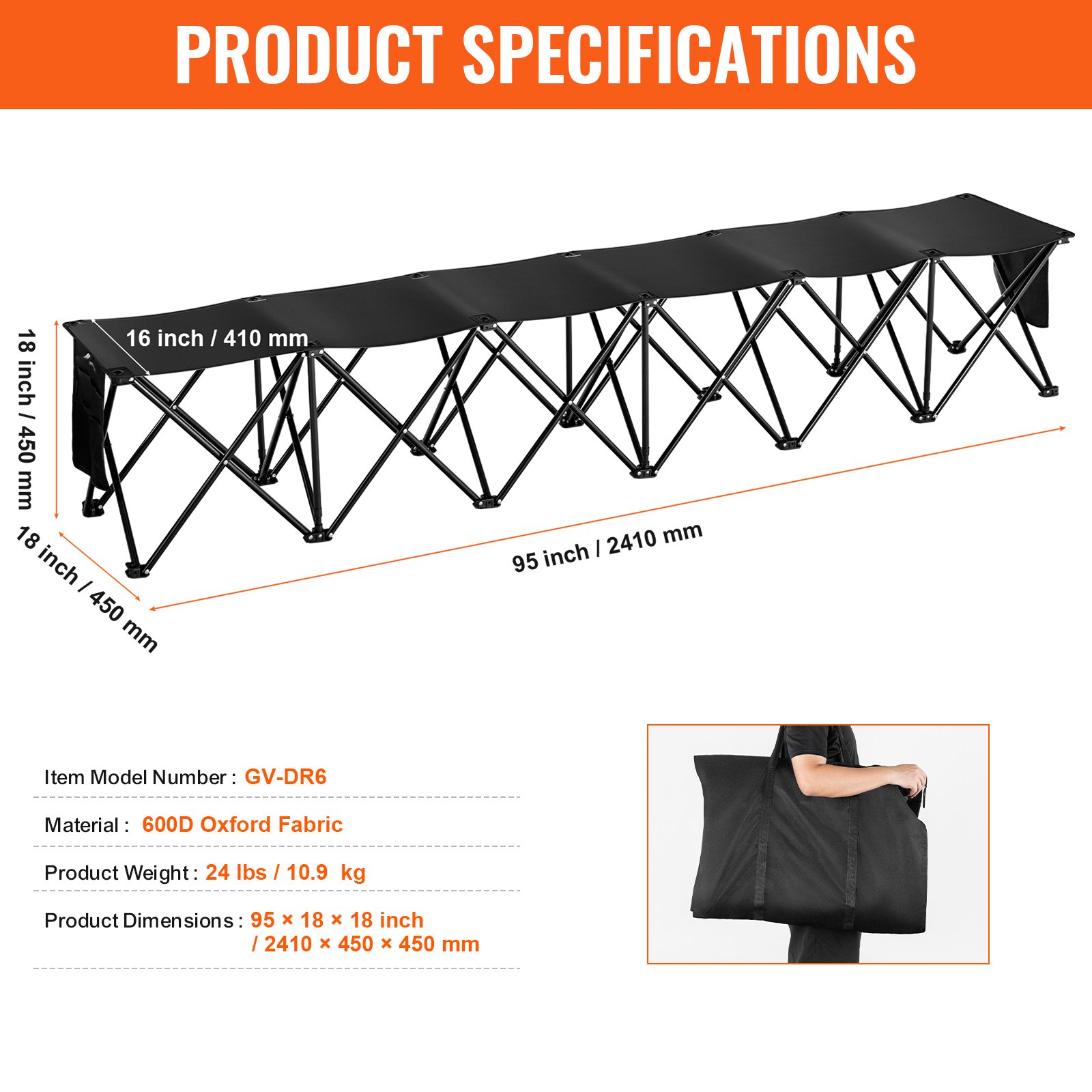 Banco plegable portátil VEVOR de 6 plazas con bolsillos laterales y bolsa de transporte, tejido Oxford 600D ligero, ideal para fútbol, béisbol, camping y eventos al aire libre. Color negro.
