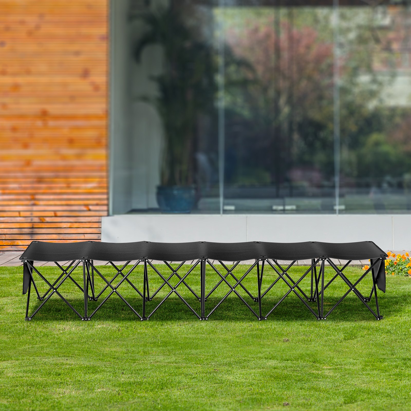 Banco plegable portátil VEVOR de 6 plazas con bolsillos laterales y bolsa de transporte, tejido Oxford 600D ligero, ideal para fútbol, béisbol, camping y eventos al aire libre. Color negro.