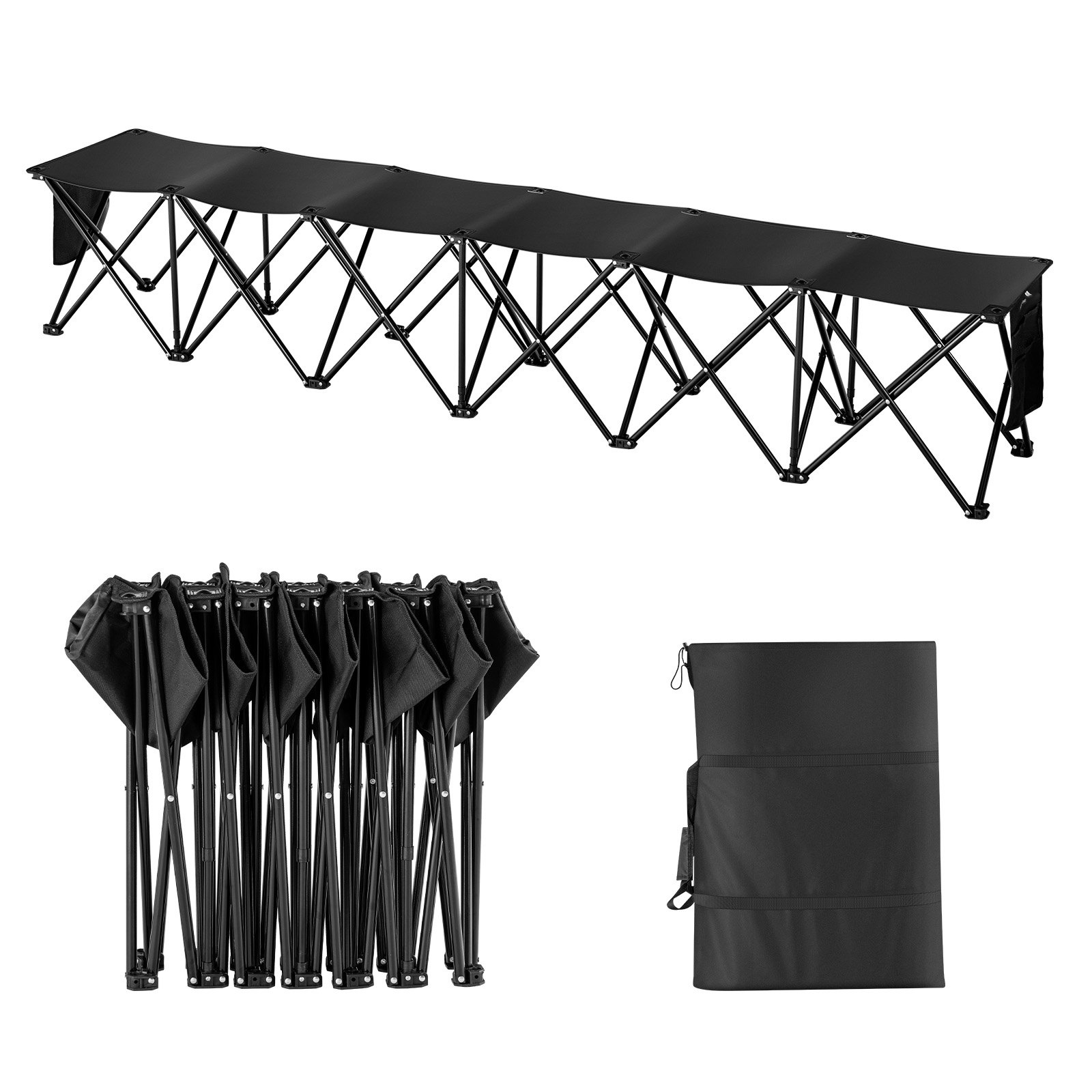 Banco plegable portátil VEVOR de 6 plazas con bolsillos laterales y bolsa de transporte, tejido Oxford 600D ligero, ideal para fútbol, béisbol, camping y eventos al aire libre. Color negro.