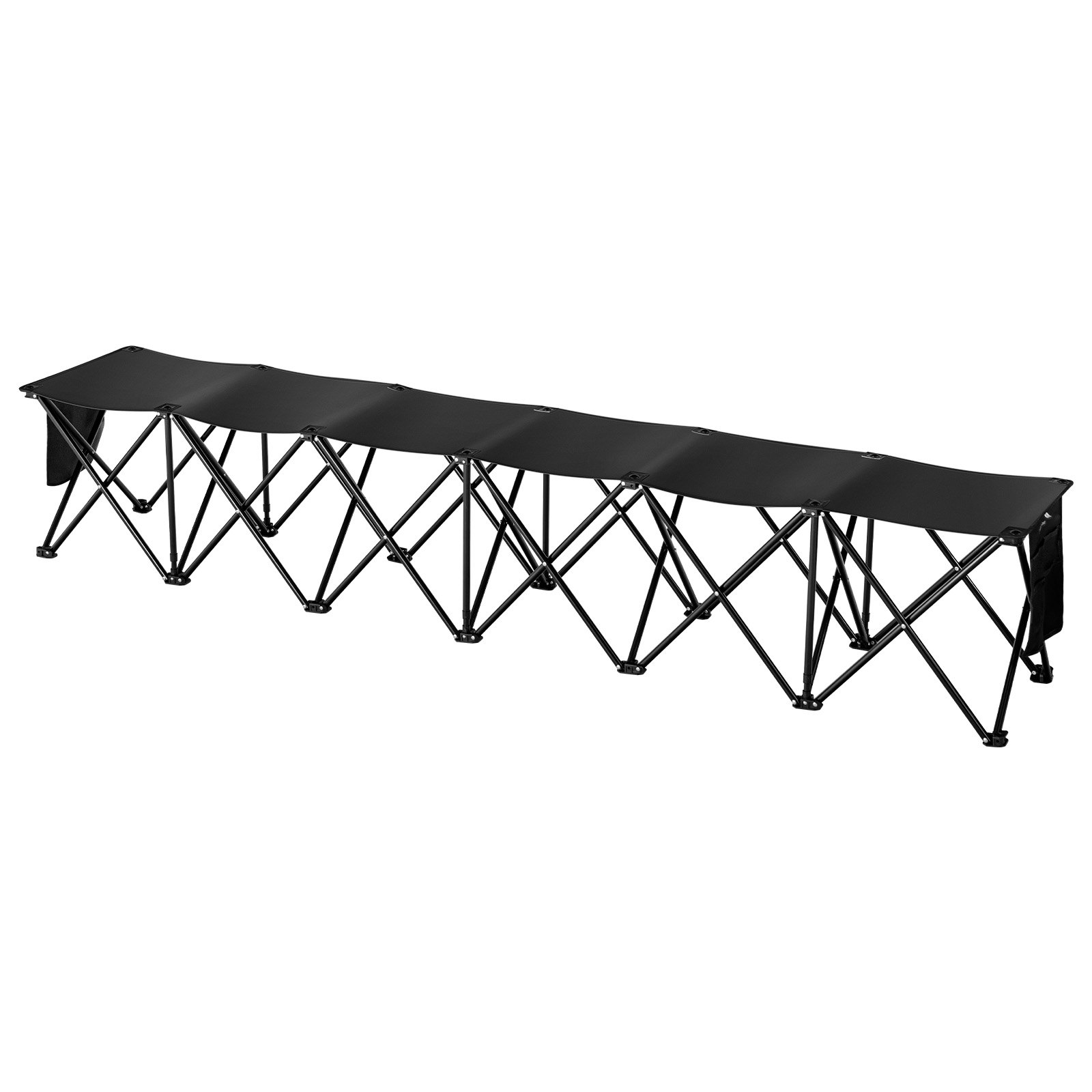 Banco plegable portátil VEVOR de 6 plazas con bolsillos laterales y bolsa de transporte, tejido Oxford 600D ligero, ideal para fútbol, béisbol, camping y eventos al aire libre. Color negro.