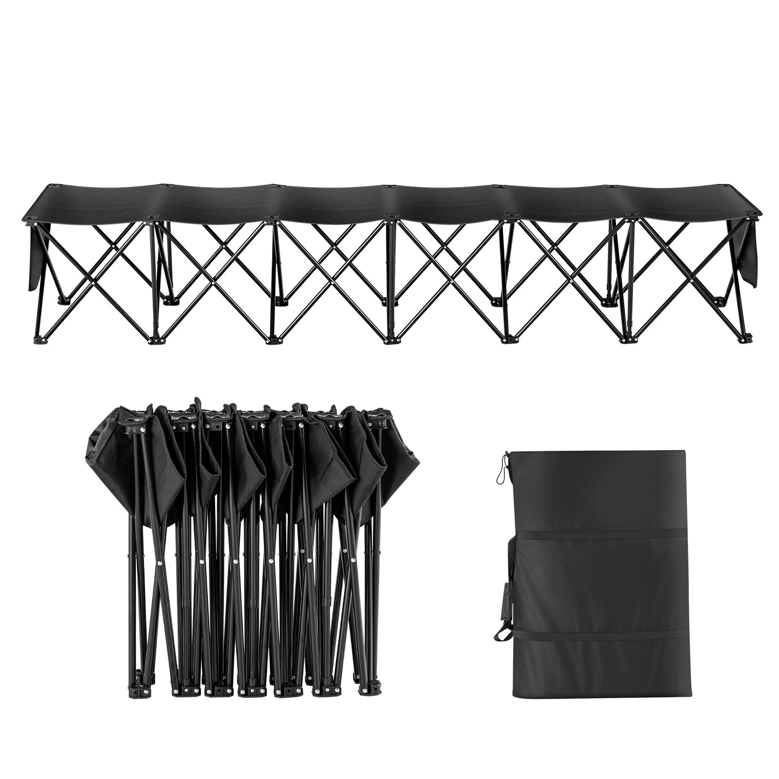 Banco plegable portátil VEVOR de 6 plazas con bolsillos laterales y bolsa de transporte, tejido Oxford 600D ligero, ideal para fútbol, béisbol, camping y eventos al aire libre. Color negro.