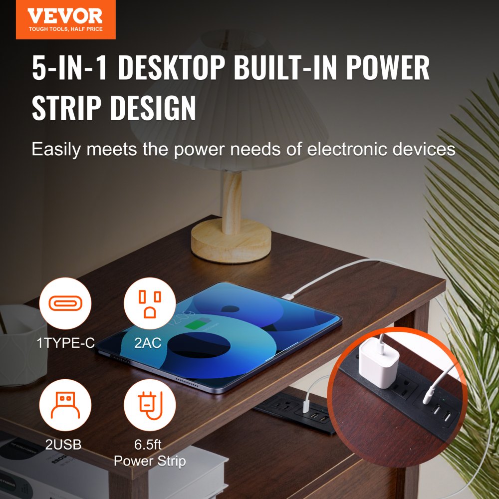 VEVOR Farmhouse End Table, Nightstand with Charging Station, 4 Tiers End Table with Storage Cabinet and 2 Drawers, Side Table with USB Ports and Outlets, Ideal for Living Room, Bedroom, Brown