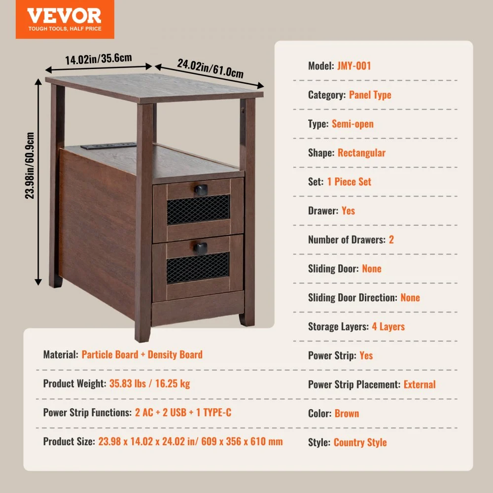 VEVOR Farmhouse End Table, Nightstand with Charging Station, 4 Tiers End Table with Storage Cabinet and 2 Drawers, Side Table with USB Ports and Outlets, Ideal for Living Room, Bedroom, Brown