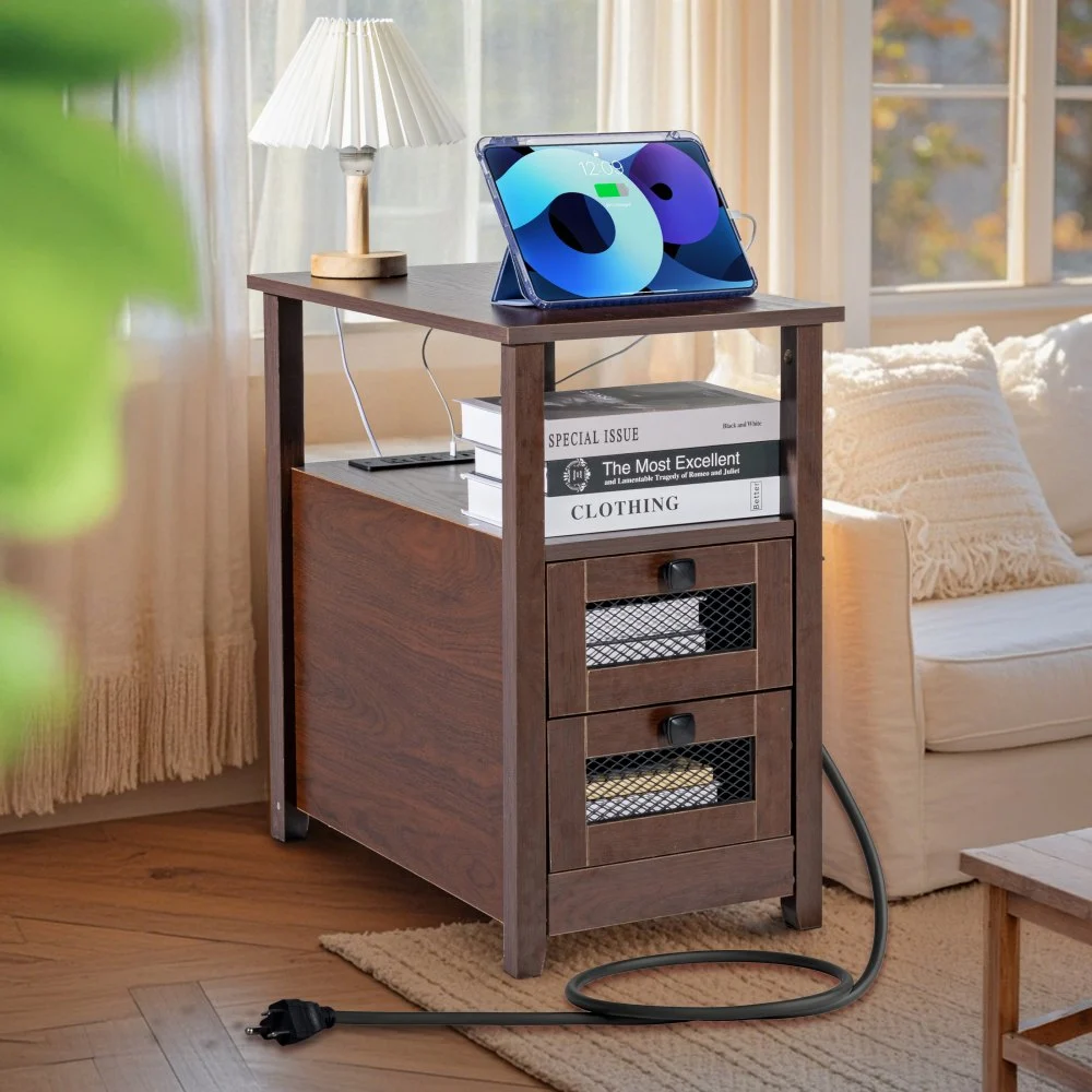 VEVOR Farmhouse End Table, Nightstand with Charging Station, 4 Tiers End Table with Storage Cabinet and 2 Drawers, Side Table with USB Ports and Outlets, Ideal for Living Room, Bedroom, Brown