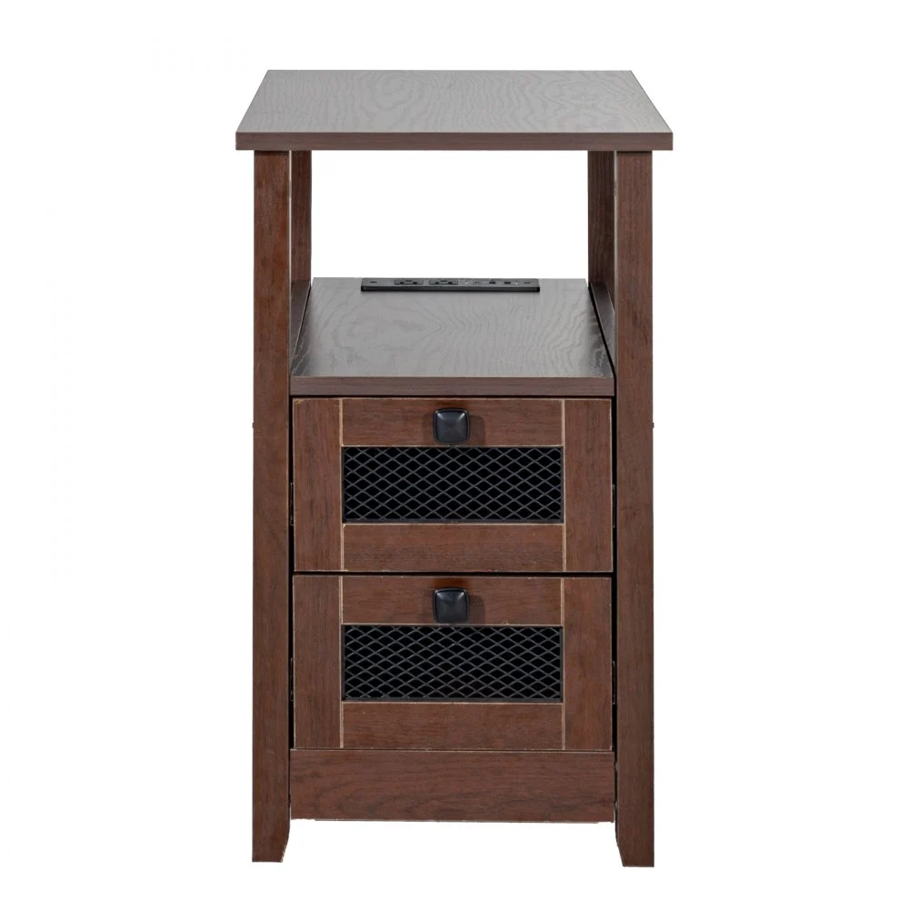 VEVOR Farmhouse End Table, Nightstand with Charging Station, 4 Tiers End Table with Storage Cabinet and 2 Drawers, Side Table with USB Ports and Outlets, Ideal for Living Room, Bedroom, Brown