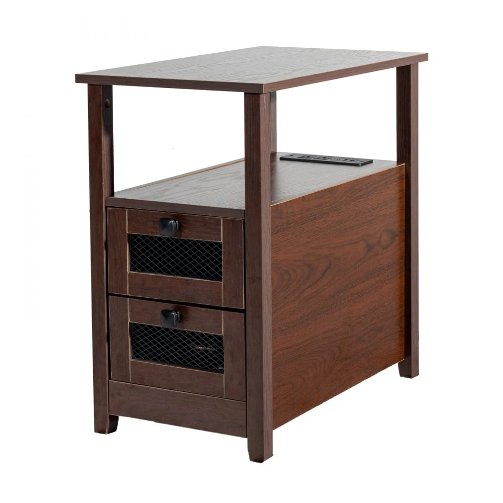 VEVOR Farmhouse End Table, Nightstand with Charging Station, 4 Tiers End Table with Storage Cabinet and 2 Drawers, Side Table with USB Ports and Outlets, Ideal for Living Room, Bedroom, Brown