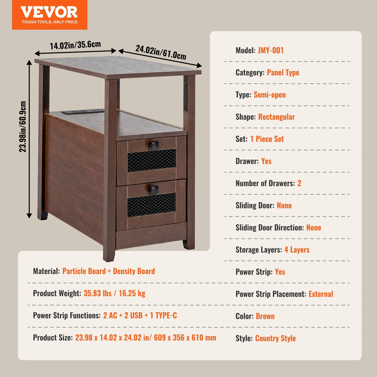VEVOR Farmhouse End Table, Nightstand with Charging Station, 4 Tiers End Table with Storage Cabinet and 2 Drawers, Side Table with USB Ports and Outlets, Ideal for Living Room, Bedroom, Brown