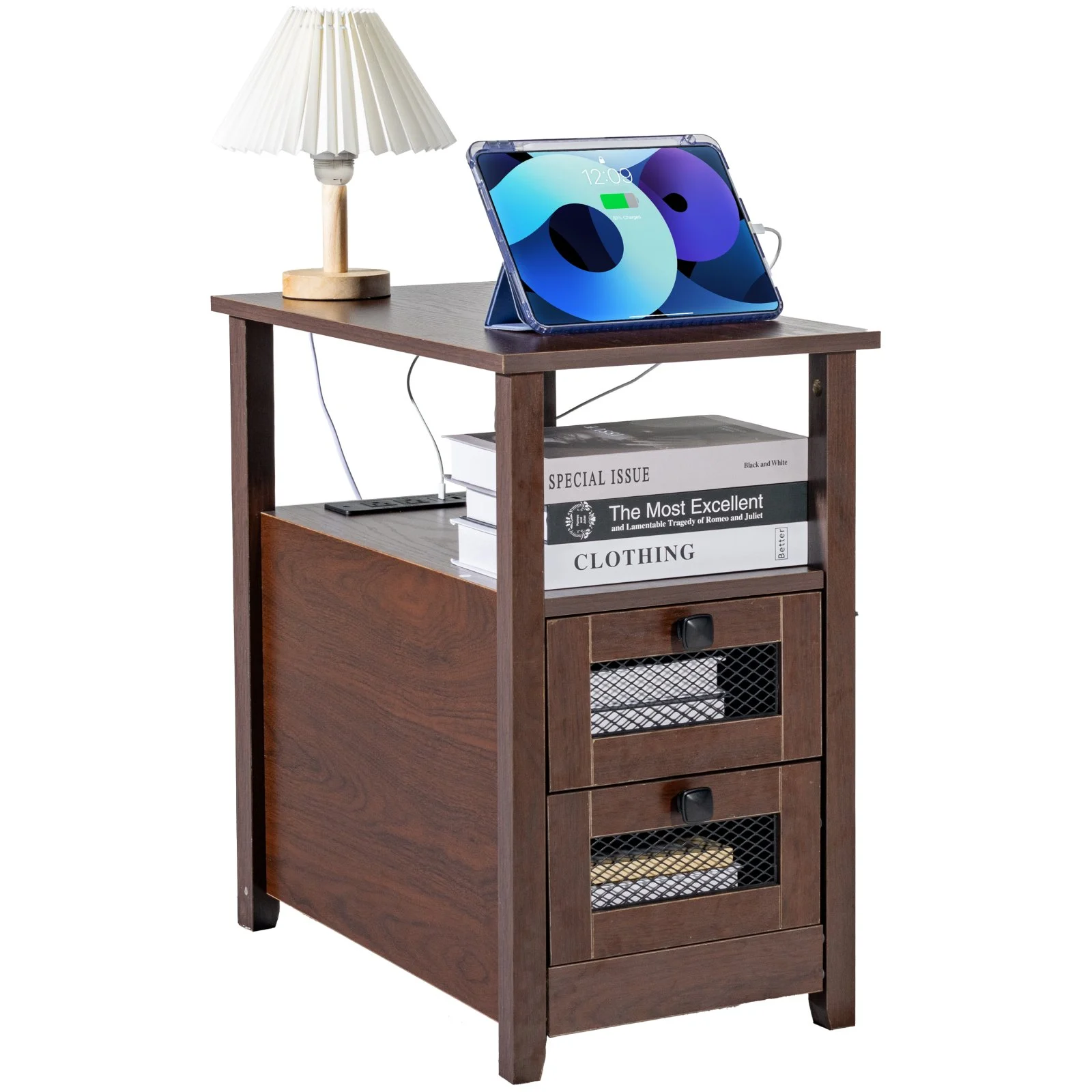 VEVOR Farmhouse End Table, Nightstand with Charging Station, 4 Tiers End Table with Storage Cabinet and 2 Drawers, Side Table with USB Ports and Outlets, Ideal for Living Room, Bedroom, Brown