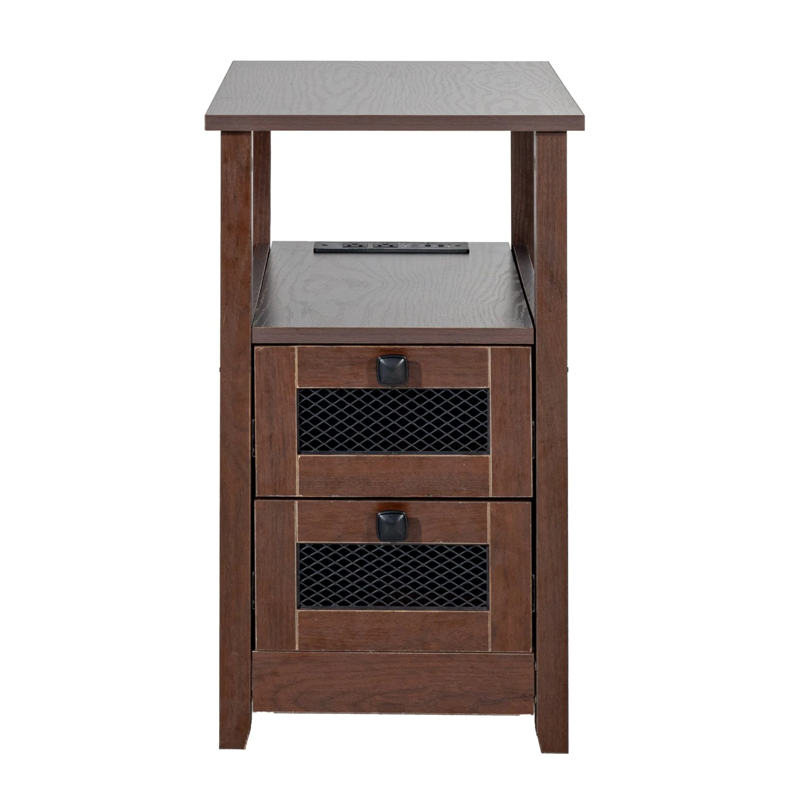 VEVOR Farmhouse End Table, Nightstand with Charging Station, 4 Tiers End Table with Storage Cabinet and 2 Drawers, Side Table with USB Ports and Outlets, Ideal for Living Room, Bedroom, Brown