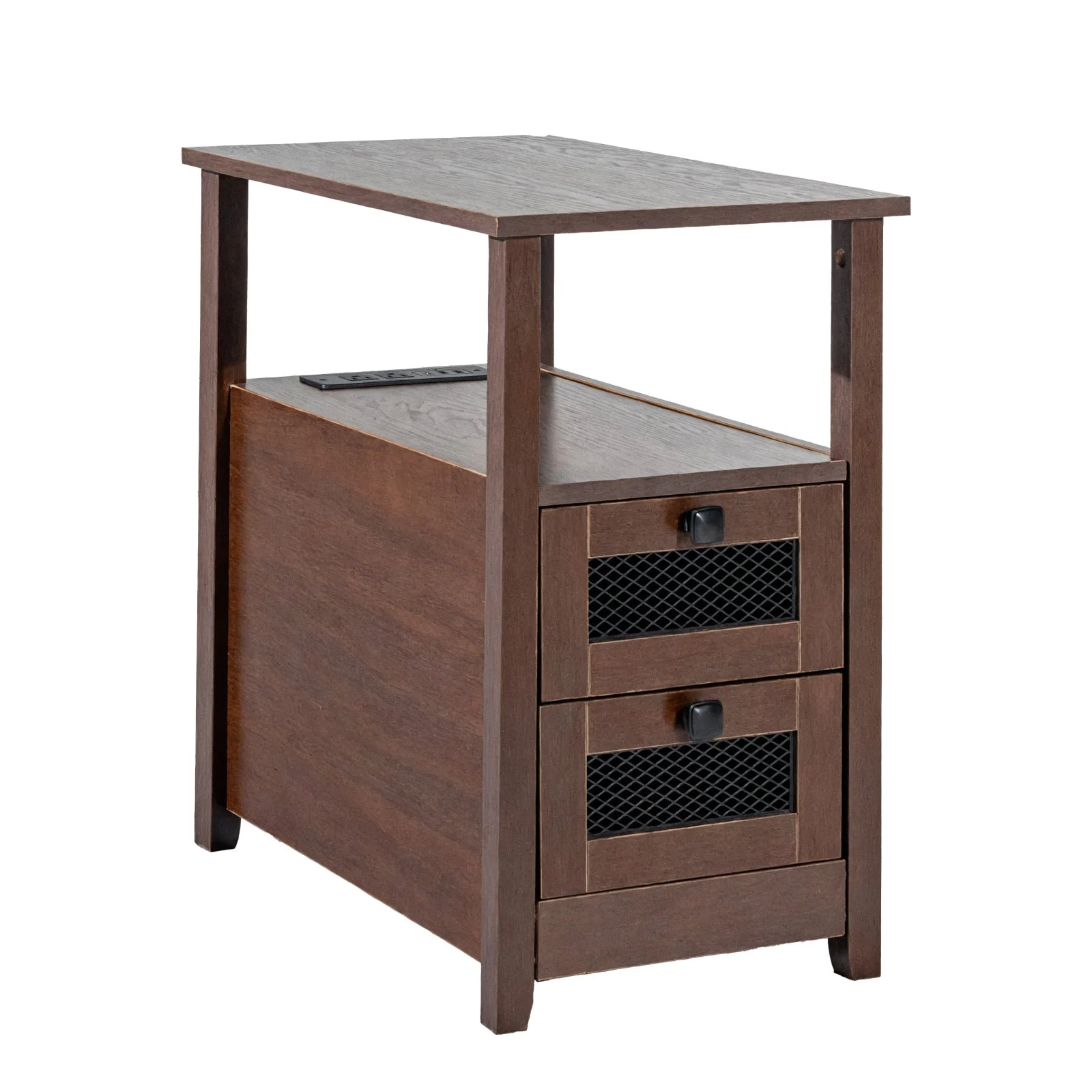 VEVOR Farmhouse End Table, Nightstand with Charging Station, 4 Tiers End Table with Storage Cabinet and 2 Drawers, Side Table with USB Ports and Outlets, Ideal for Living Room, Bedroom, Brown
