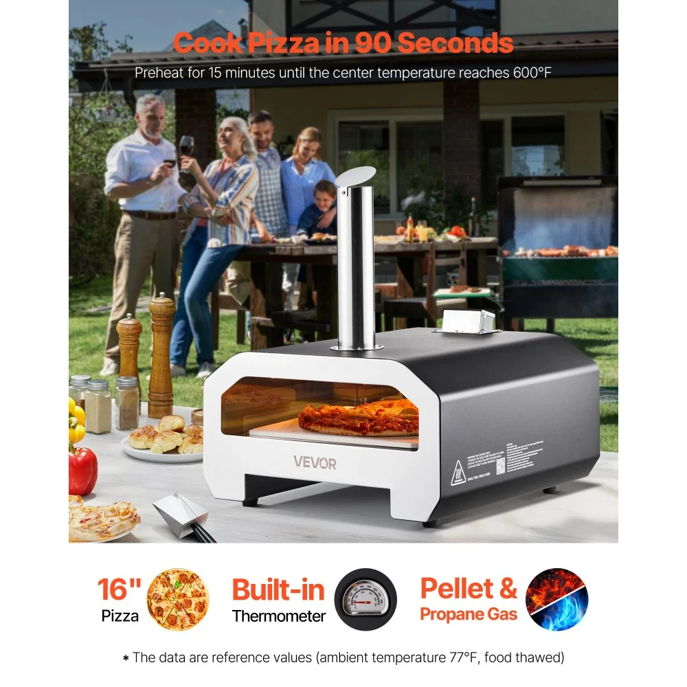 VEVOR Dual Fuel Pizza Oven Outdoor, 16 in Wood Fire & Propane Gas Pizza Oven, Portable Pellet & Propane Pizza-Maker with Thermometer, Iron Spray Black Shell Pizza-Cook for Outside Camping & Backyard