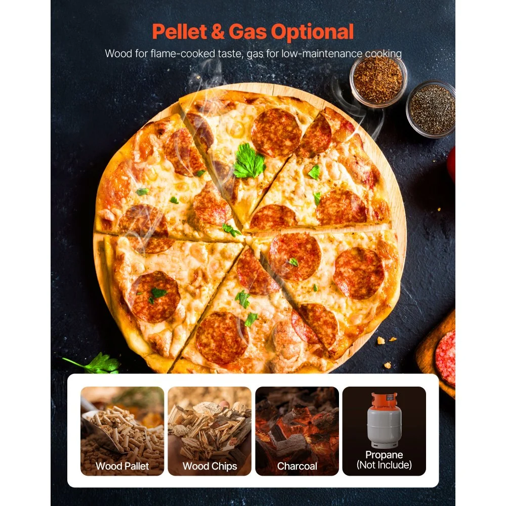 VEVOR Dual Fuel Pizza Oven Outdoor, 16 in Wood Fire & Propane Gas Pizza Oven, Portable Pellet & Propane Pizza-Maker with Thermometer, Iron Spray Black Shell Pizza-Cook for Outside Camping & Backyard