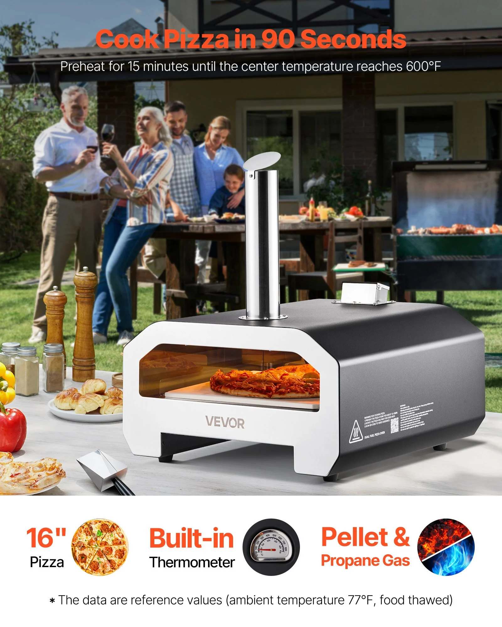 VEVOR Dual Fuel Pizza Oven Outdoor, 16 in Wood Fire & Propane Gas Pizza Oven, Portable Pellet & Propane Pizza-Maker with Thermometer, Iron Spray Black Shell Pizza-Cook for Outside Camping & Backyard
