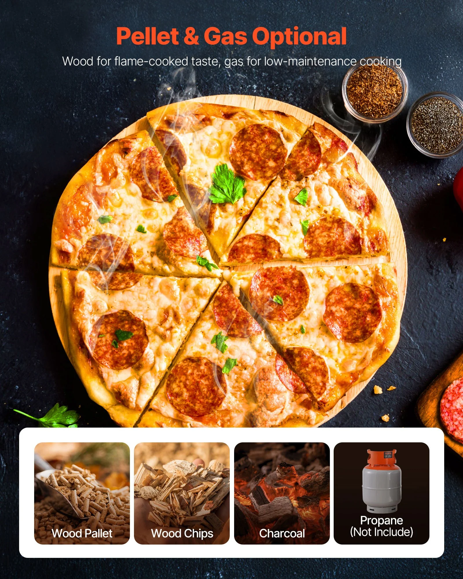 VEVOR Dual Fuel Pizza Oven Outdoor, 16 in Wood Fire & Propane Gas Pizza Oven, Portable Pellet & Propane Pizza-Maker with Thermometer, Iron Spray Black Shell Pizza-Cook for Outside Camping & Backyard