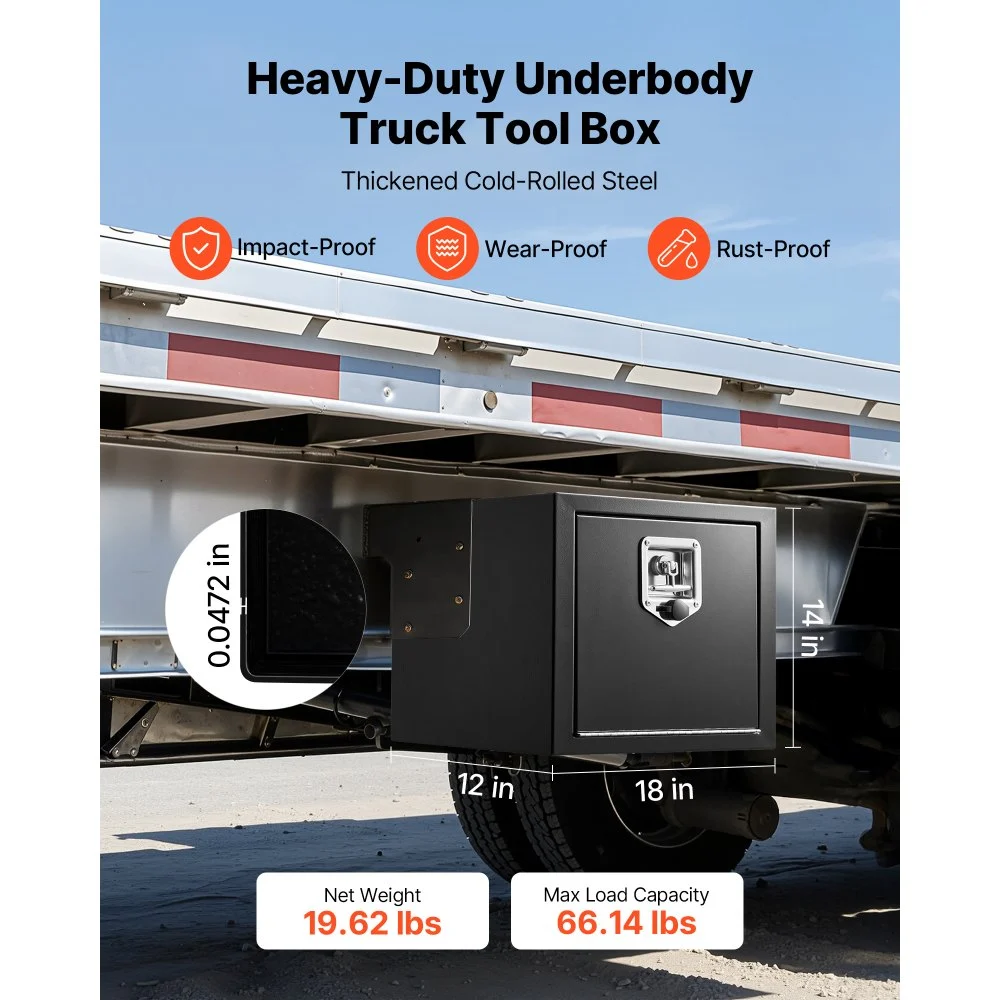 VEVOR Underbody Truck Tool Box, 18 x 12 x 14 Inch Heavy Duty Steel Trailer Storage Box with Lock & Keys, Waterproof Trailer Storage Organizer Under Body Chest with T-Handle for Truck, Van, SUV, Black