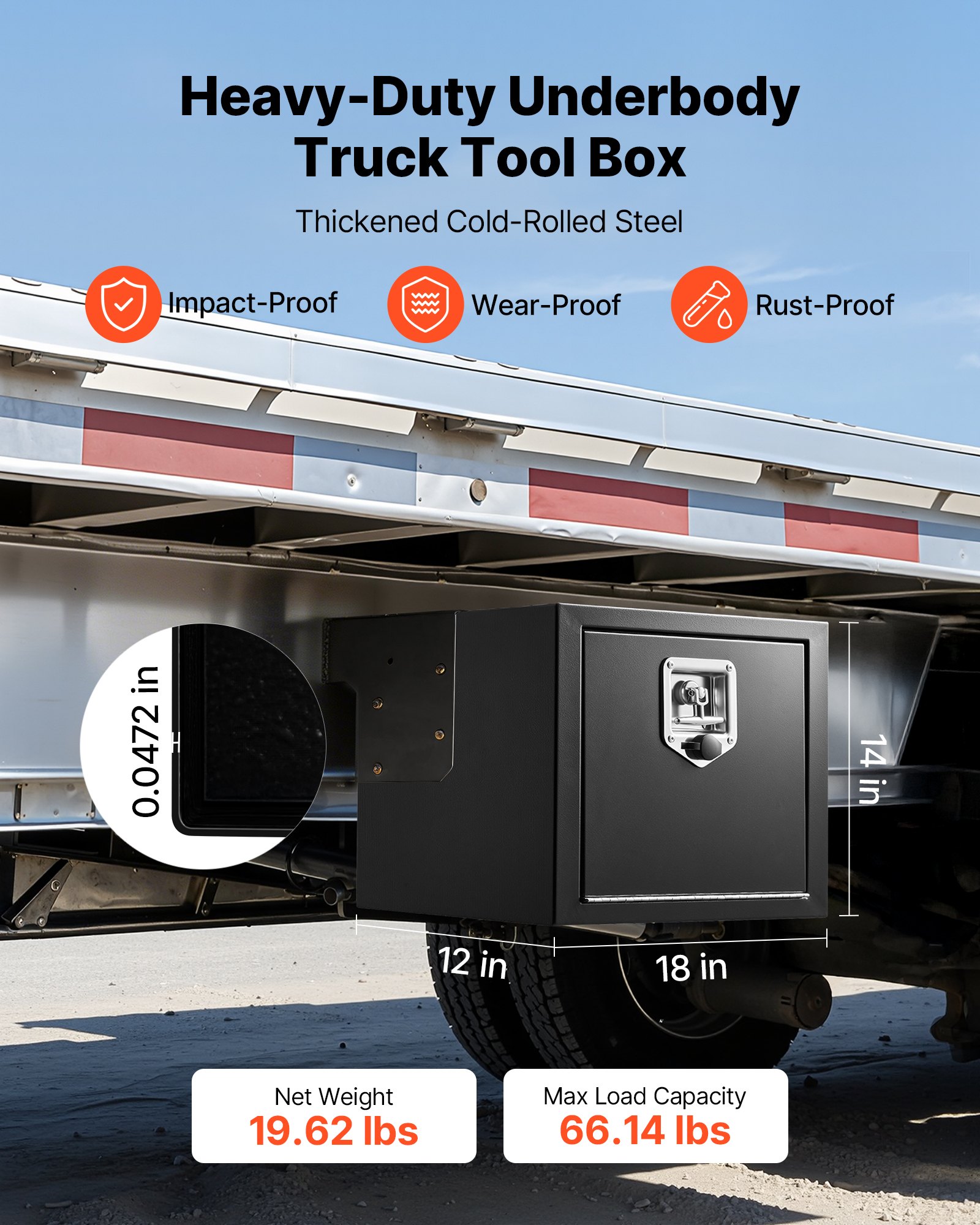 VEVOR Underbody Truck Tool Box, 18 x 12 x 14 Inch Heavy Duty Steel Trailer Storage Box with Lock & Keys, Waterproof Trailer Storage Organizer Under Body Chest with T-Handle for Truck, Van, SUV, Black