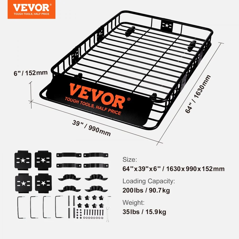 Portaequipajes de techo VEVOR, 162 x 99 x 15 cm, con extensión, de acero resistente, capacidad de 90 kg, universal, para SUV y camionetas.