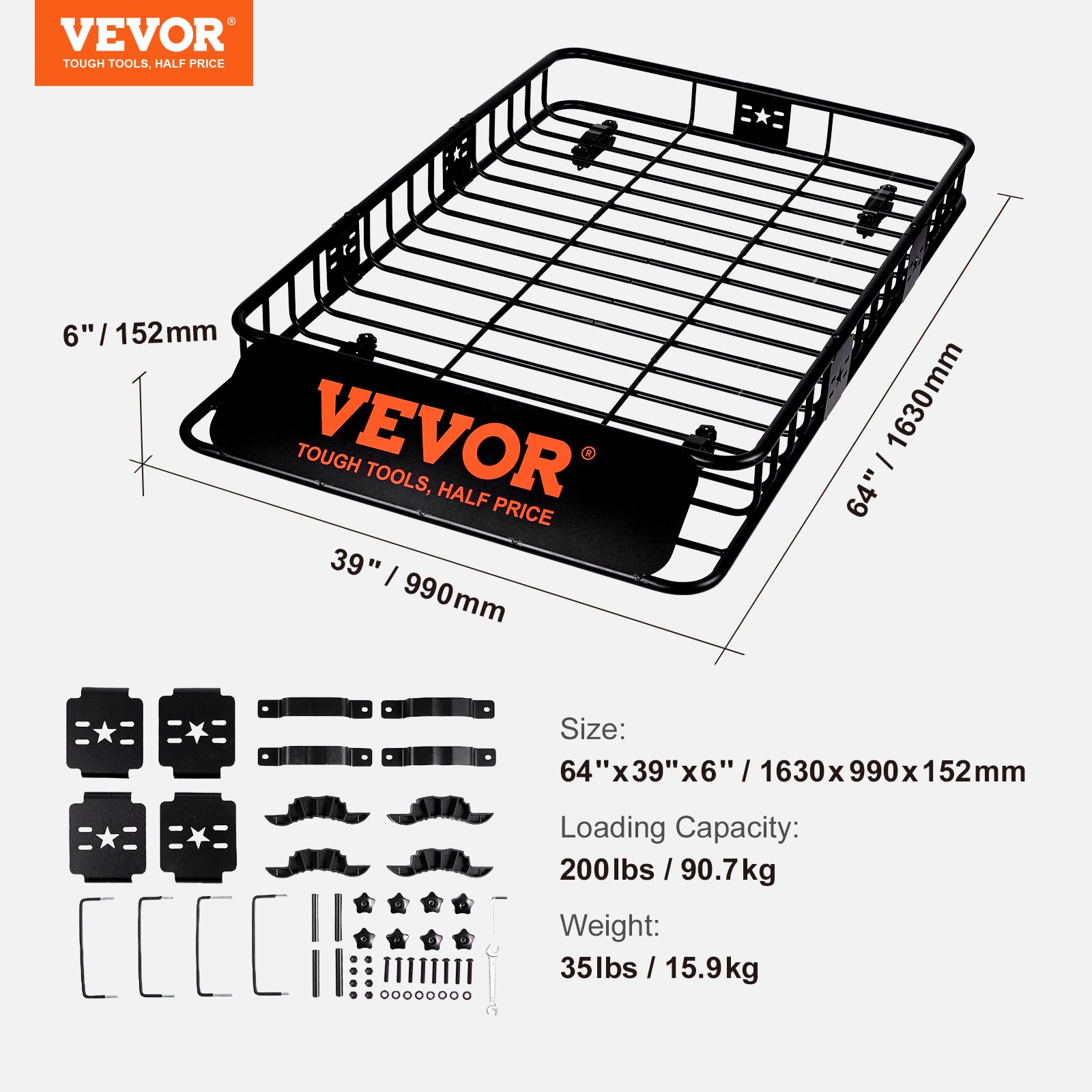 Portaequipajes de techo VEVOR, 162 x 99 x 15 cm, con extensión, de acero resistente, capacidad de 90 kg, universal, para SUV y camionetas.