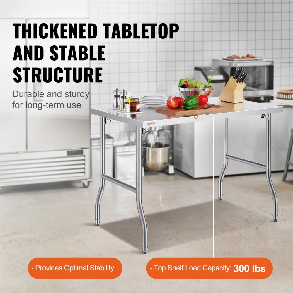 Mesa de preparación comercial plegable VEVOR, estación de trabajo comercial de 48 x 30 pulgadas, mesa plegable de acero inoxidable resistente con carga de 300 libras, mesa de trabajo de cocina, para el hogar, la cocina, el restaurante, el garaje