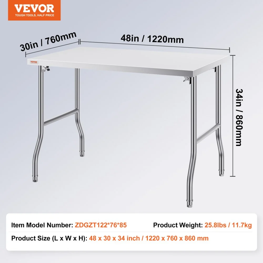 Mesa de preparación comercial plegable VEVOR, estación de trabajo comercial de 48 x 30 pulgadas, mesa plegable de acero inoxidable resistente con carga de 300 libras, mesa de trabajo de cocina, para el hogar, la cocina, el restaurante, el garaje