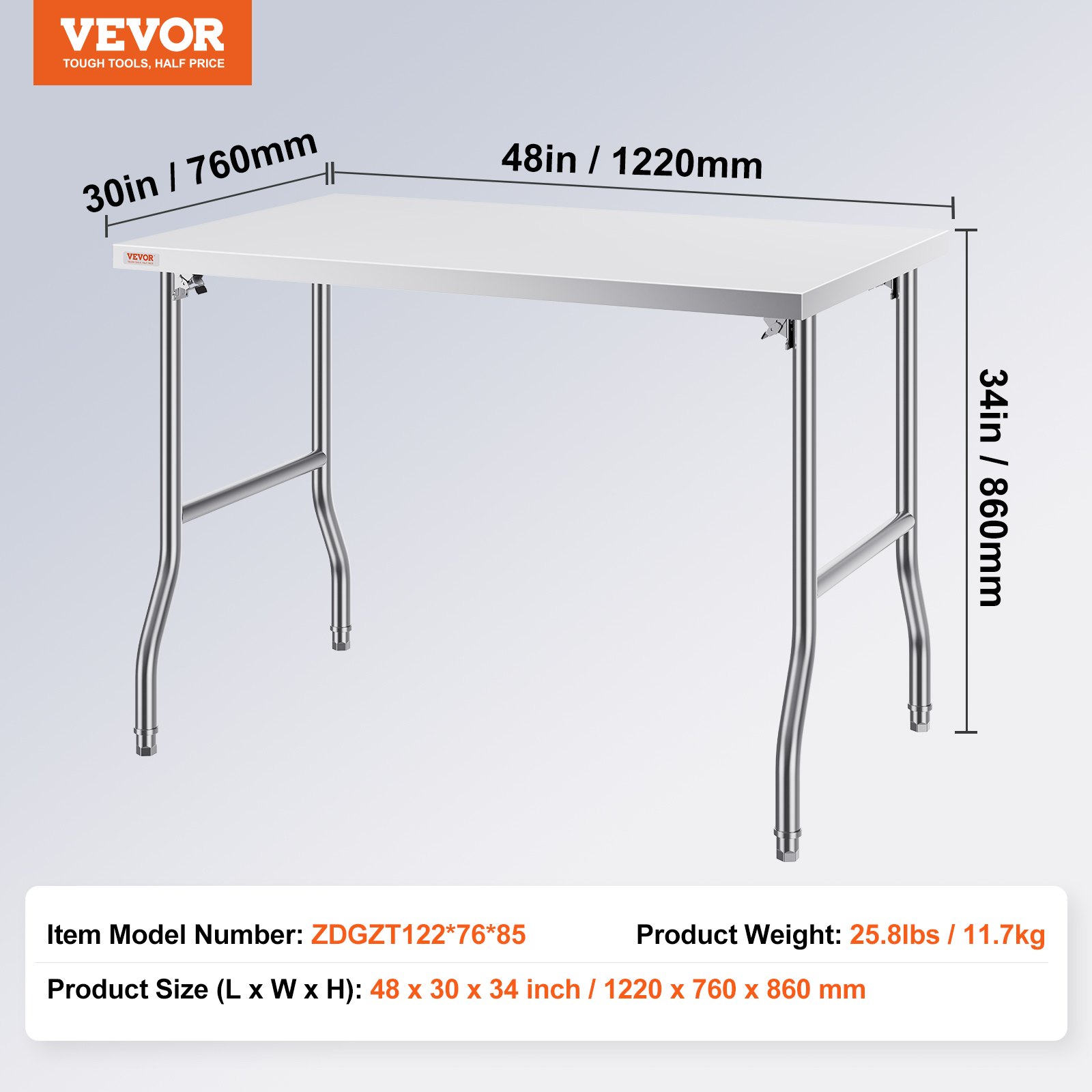 Mesa de preparación comercial plegable VEVOR, estación de trabajo comercial de 48 x 30 pulgadas, mesa plegable de acero inoxidable resistente con carga de 300 libras, mesa de trabajo de cocina, para el hogar, la cocina, el restaurante, el garaje
