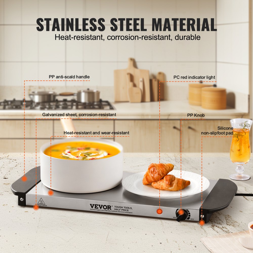 Bandeja eléctrica VEVOR para calentar alimentos, bandejas para bufé, bandejas con control de temperatura ajustable, calentador de alimentos portátil de acero inoxidable, placa calefactora perfecta para fiestas, catering y festividades.