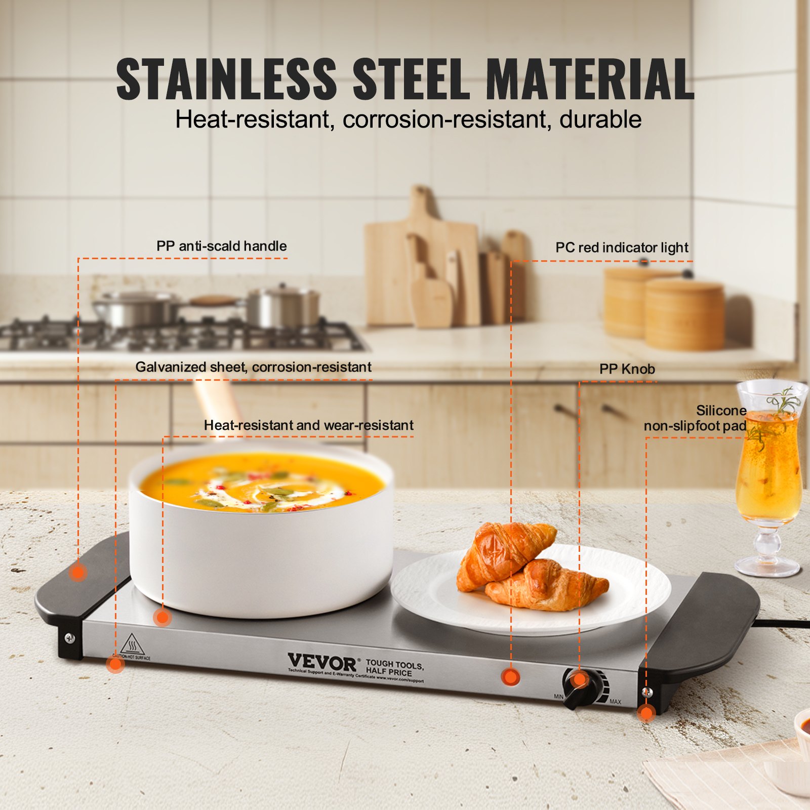 Bandeja eléctrica VEVOR para calentar alimentos, bandejas para bufé, bandejas con control de temperatura ajustable, calentador de alimentos portátil de acero inoxidable, placa calefactora perfecta para fiestas, catering y festividades.