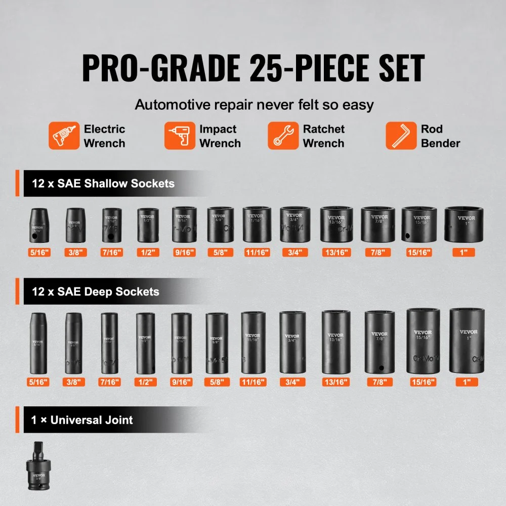 VEVOR 3/8" Drive Impact Socket Set, 25 Piece Deep & Shallow Socket Set SAE 5/16" - 1", 6 Point Cr-Mo Alloy Steel for Auto Repair, Easy-to-Read Size Markings, Rugged Construction, Includes Storage Case
