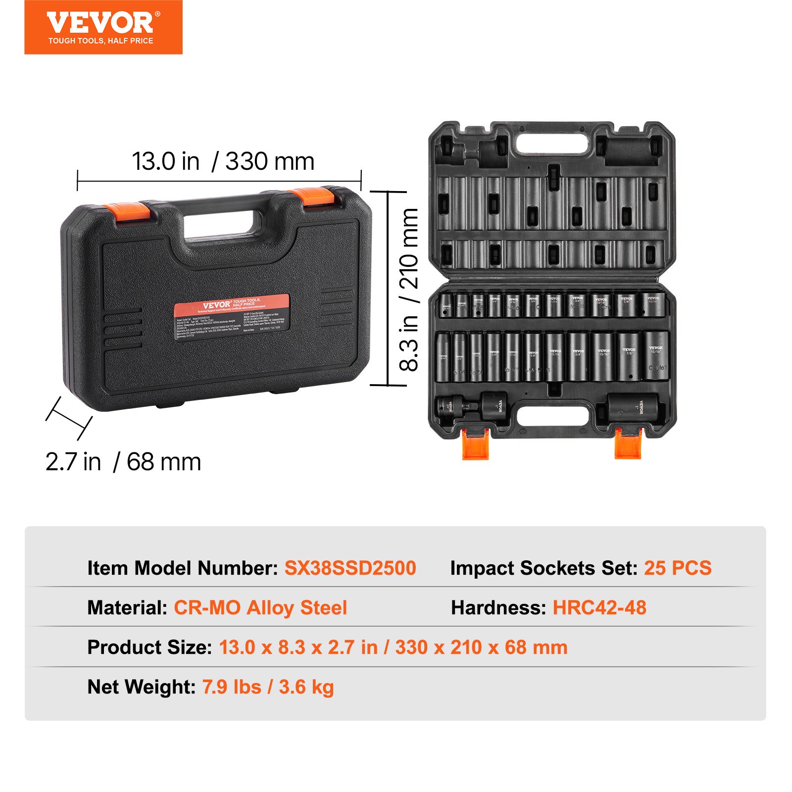 VEVOR 3/8" Drive Impact Socket Set, 25 Piece Deep & Shallow Socket Set SAE 5/16" - 1", 6 Point Cr-Mo Alloy Steel for Auto Repair, Easy-to-Read Size Markings, Rugged Construction, Includes Storage Case