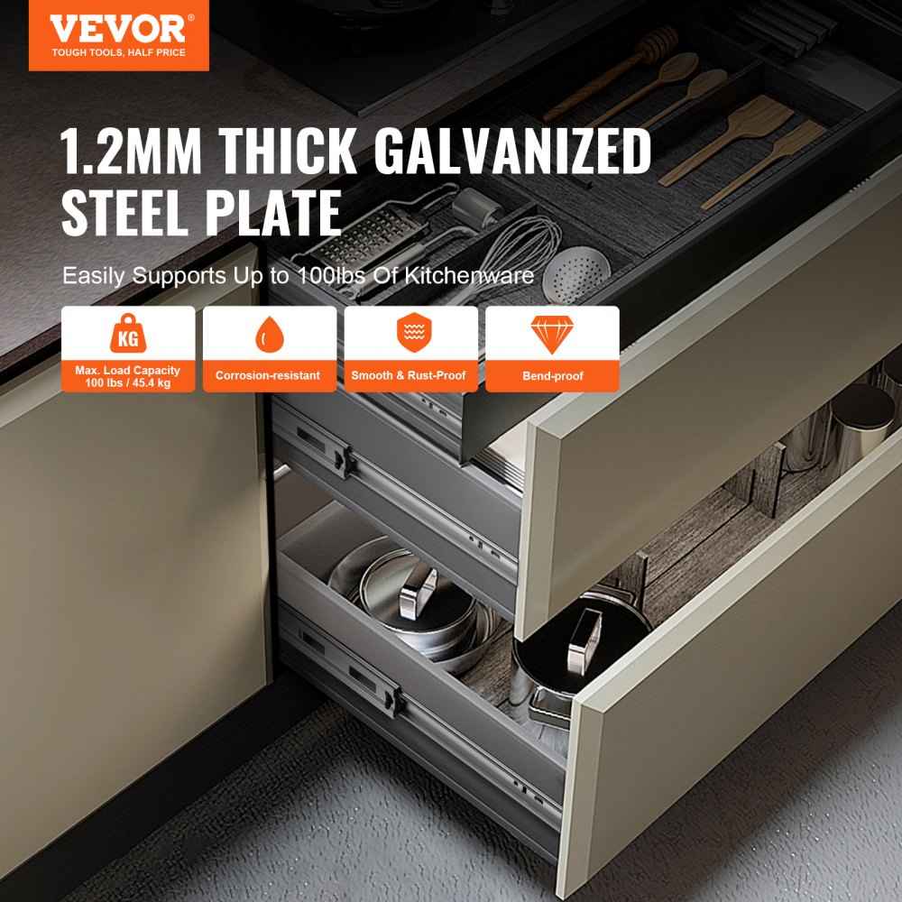 VEVOR - 6 pares de rieles laterales para cajones de 20 pulgadas, rieles de acero de extensión completa de alta resistencia, guías silenciosas de cierre suave para gabinetes de cocina con rodamientos de bolas, capacidad de carga de 100 lb
