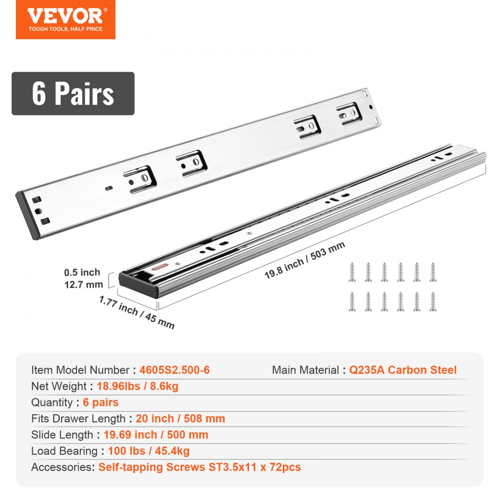 VEVOR - 6 pares de rieles laterales para cajones de 20 pulgadas, rieles de acero de extensión completa de alta resistencia, guías silenciosas de cierre suave para gabinetes de cocina con rodamientos de bolas, capacidad de carga de 100 lb