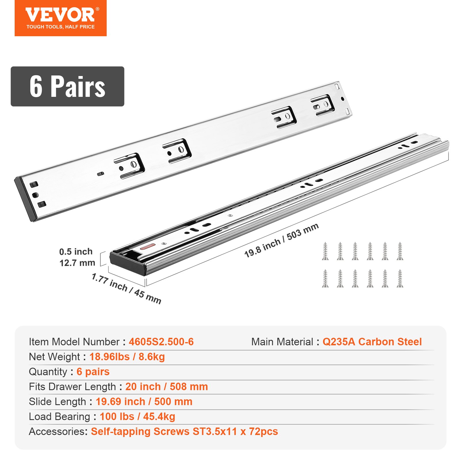 VEVOR - 6 pares de rieles laterales para cajones de 20 pulgadas, rieles de acero de extensión completa de alta resistencia, guías silenciosas de cierre suave para gabinetes de cocina con rodamientos de bolas, capacidad de carga de 100 lb