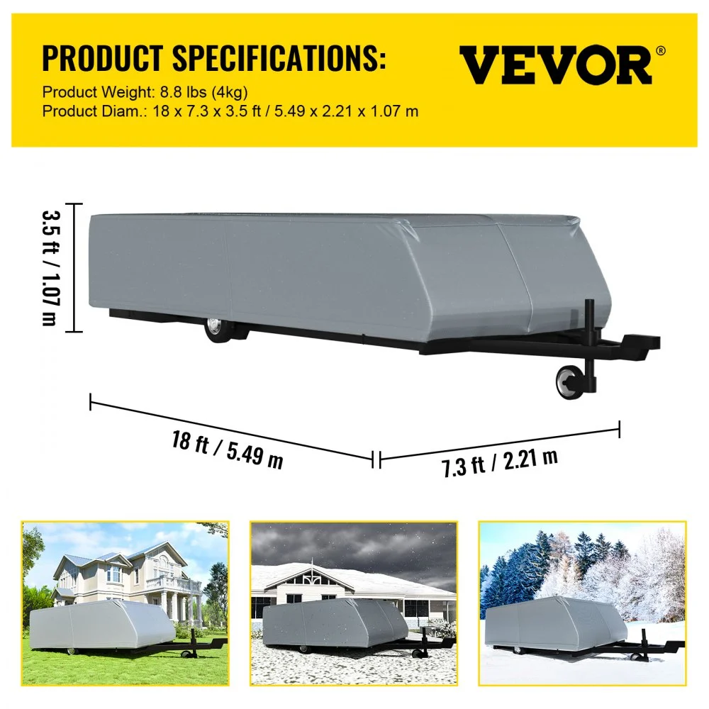 VEVOR Pop Up Camper Cover, apto para remolques de 16'-18', Ripstop 4 capas de tela no tejida plegable para remolque, resistente a los rayos UV, resistente al agua, cubierta de almacenamiento para caravana con 3 cuerdas a prueba de viento y 1 bolsa de almacenamiento, gris
