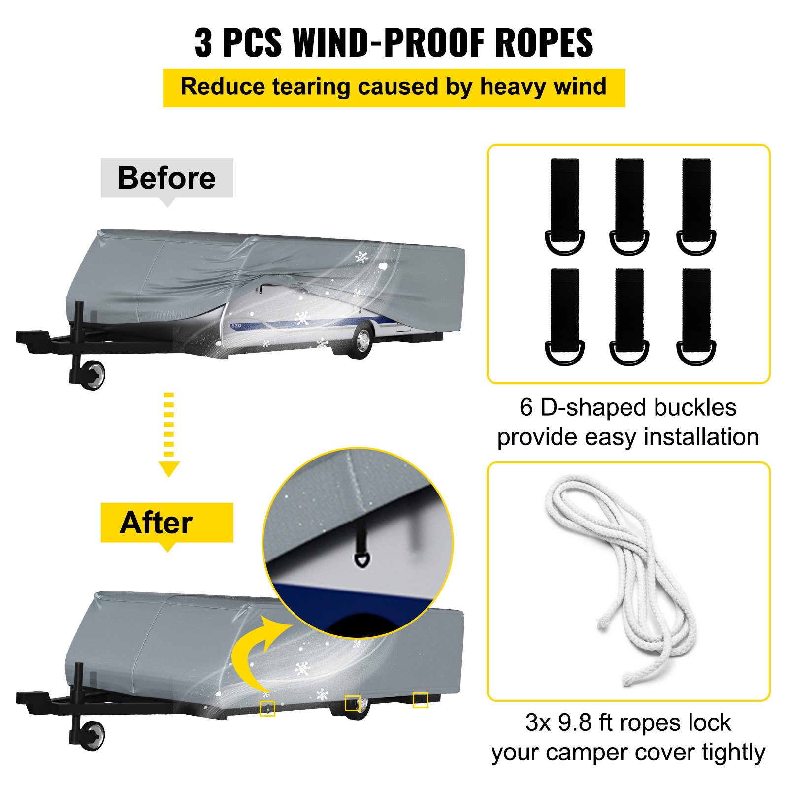 VEVOR Pop Up Camper Cover, apto para remolques de 16'-18', Ripstop 4 capas de tela no tejida plegable para remolque, resistente a los rayos UV, resistente al agua, cubierta de almacenamiento para caravana con 3 cuerdas a prueba de viento y 1 bolsa de almacenamiento, gris