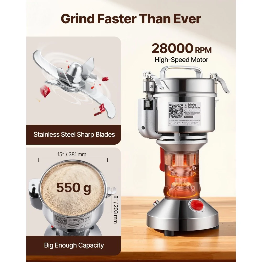 VEVOR 550g Electric Grain Mill Grinder, High Speed 2000W Commercial Spice Grinders, Stainless Steel Pulverizer Powder Machine, for Dry Grains Spices Cereals Coffee Corn Pepper, Straight Type