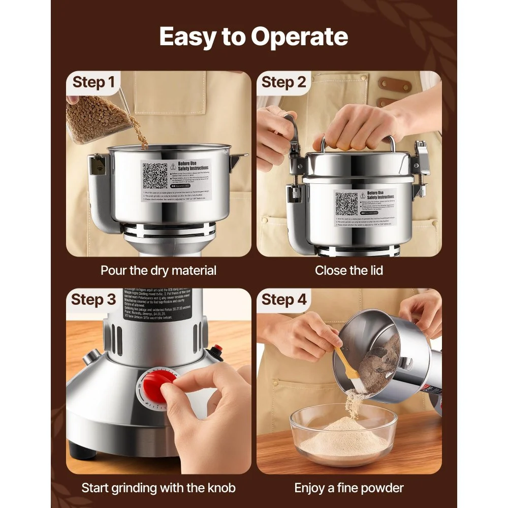 VEVOR 550g Electric Grain Mill Grinder, High Speed 2000W Commercial Spice Grinders, Stainless Steel Pulverizer Powder Machine, for Dry Grains Spices Cereals Coffee Corn Pepper, Straight Type