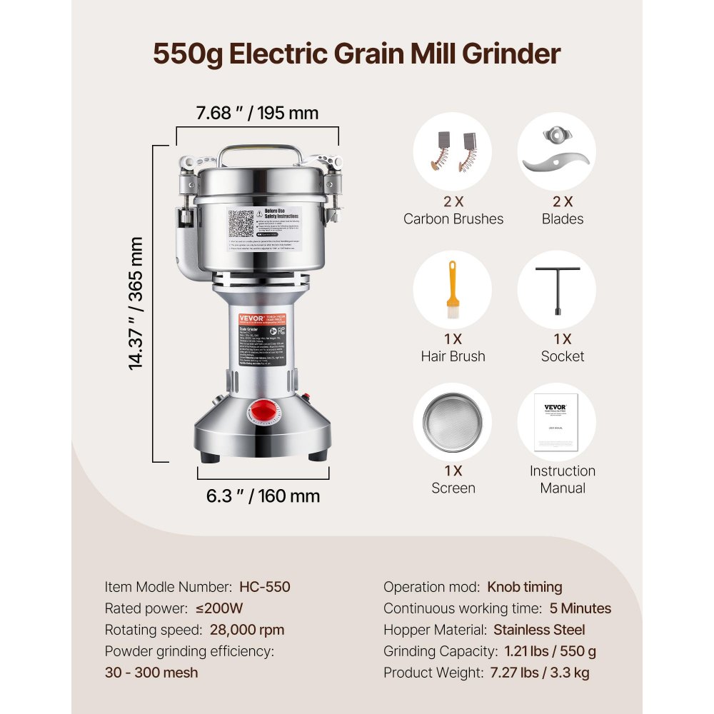 VEVOR 550g Electric Grain Mill Grinder, High Speed 2000W Commercial Spice Grinders, Stainless Steel Pulverizer Powder Machine, for Dry Grains Spices Cereals Coffee Corn Pepper, Straight Type