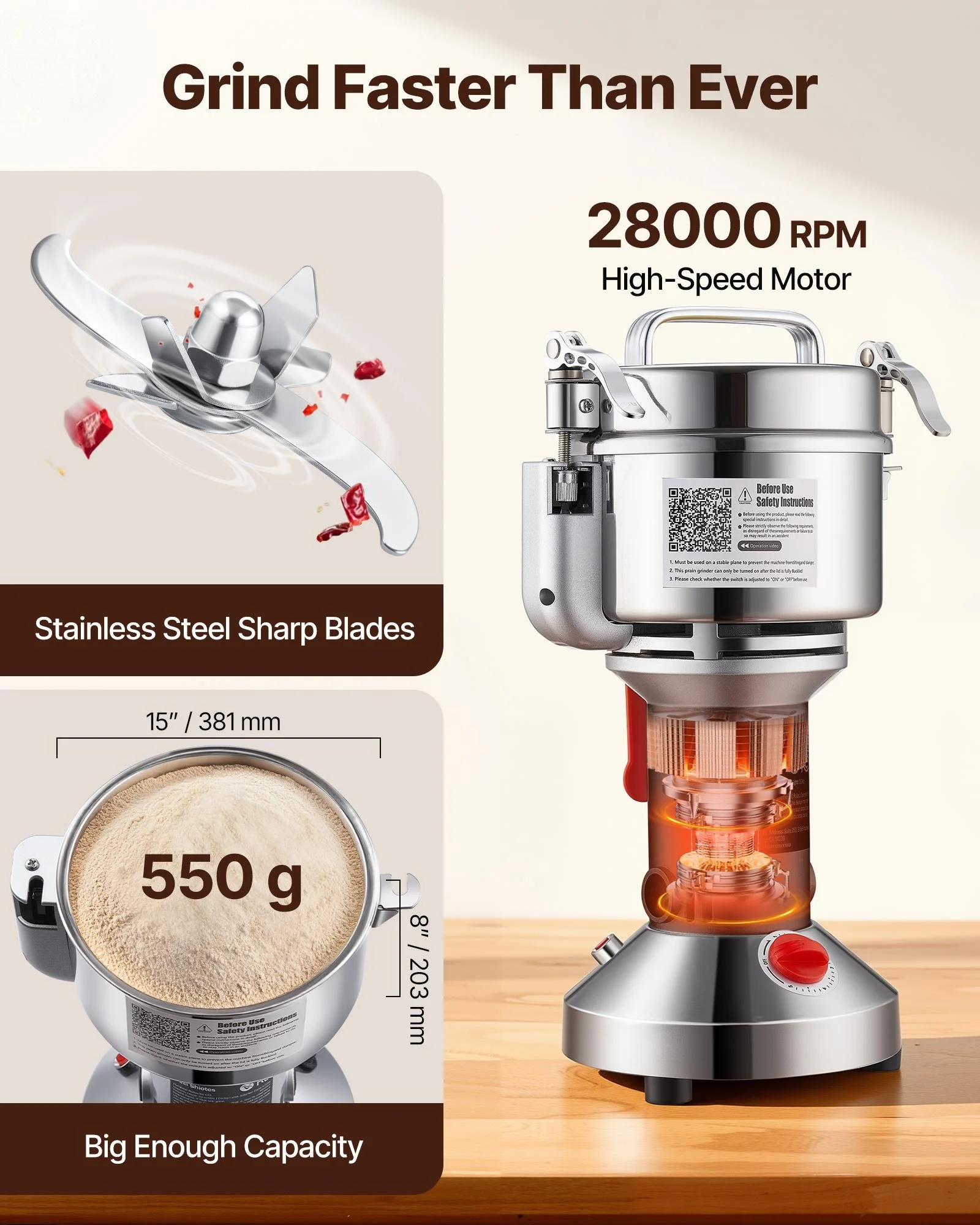 VEVOR 550g Electric Grain Mill Grinder, High Speed 2000W Commercial Spice Grinders, Stainless Steel Pulverizer Powder Machine, for Dry Grains Spices Cereals Coffee Corn Pepper, Straight Type