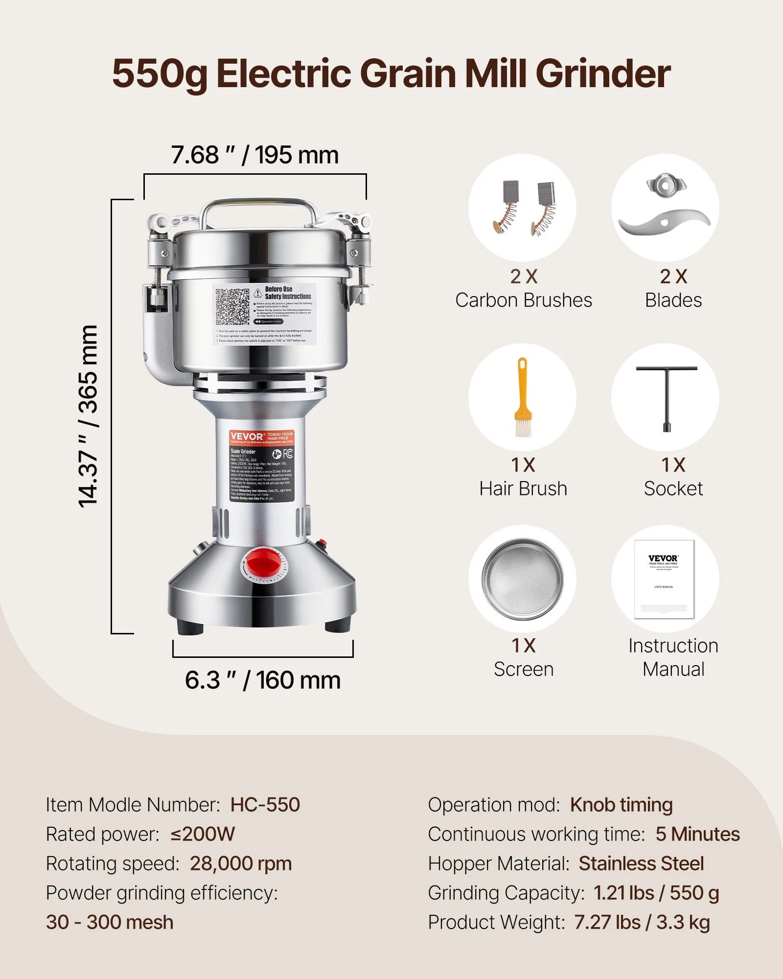 VEVOR 550g Electric Grain Mill Grinder, High Speed 2000W Commercial Spice Grinders, Stainless Steel Pulverizer Powder Machine, for Dry Grains Spices Cereals Coffee Corn Pepper, Straight Type